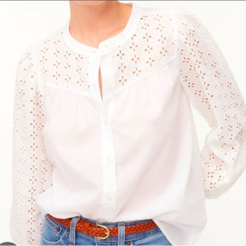 J. Crew White Femine And Classy Eyelet Button-Front Blouse with Lace Yoke